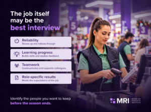 The job itself may be the best interview: assess seasonal hires for reliability, learning progress, teamwork, and role-specific results to identify people to keep before the season ends.